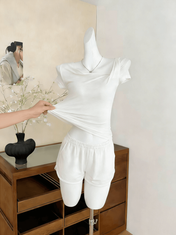 kubiliv 빛 연 주간 접시 디자인 센스 매듭 비스듬한 어깨 핀치 Pleat 허리 수축 슬림해 보이는 티셔츠 주간 실크 양모 맨위 상세 이미지 12