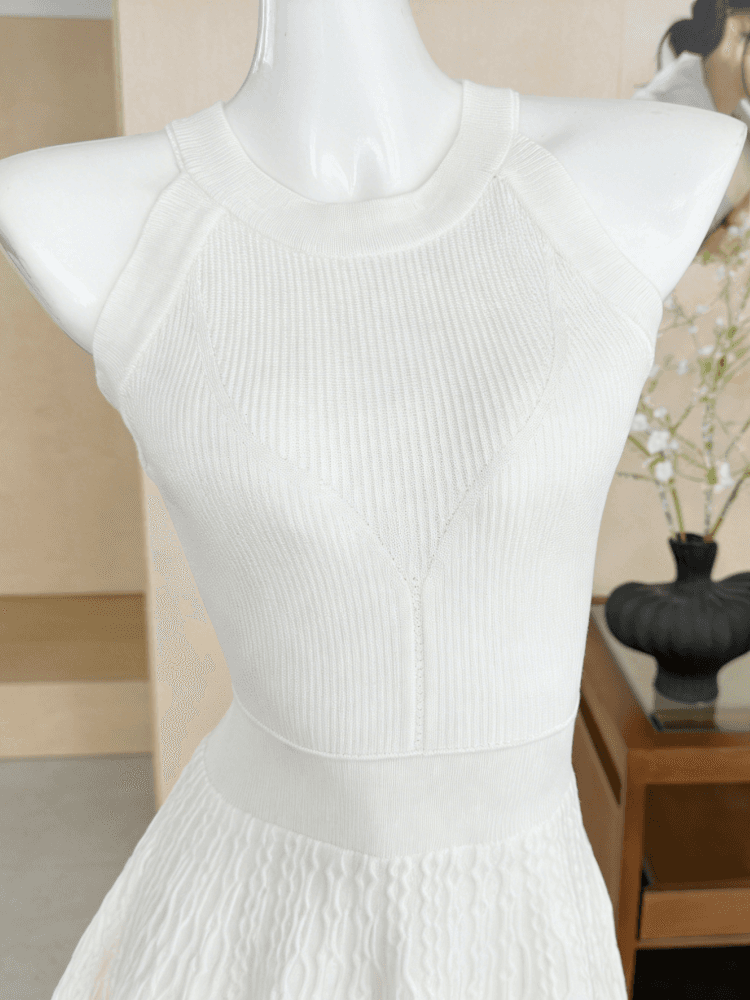 okmashop 순수한 흰색 사랑 행침 목 니트 여성 드레스 봄 여름 품격 고급 센스 몸매 가꾸기 허리 수축 치마 상세 이미지 10