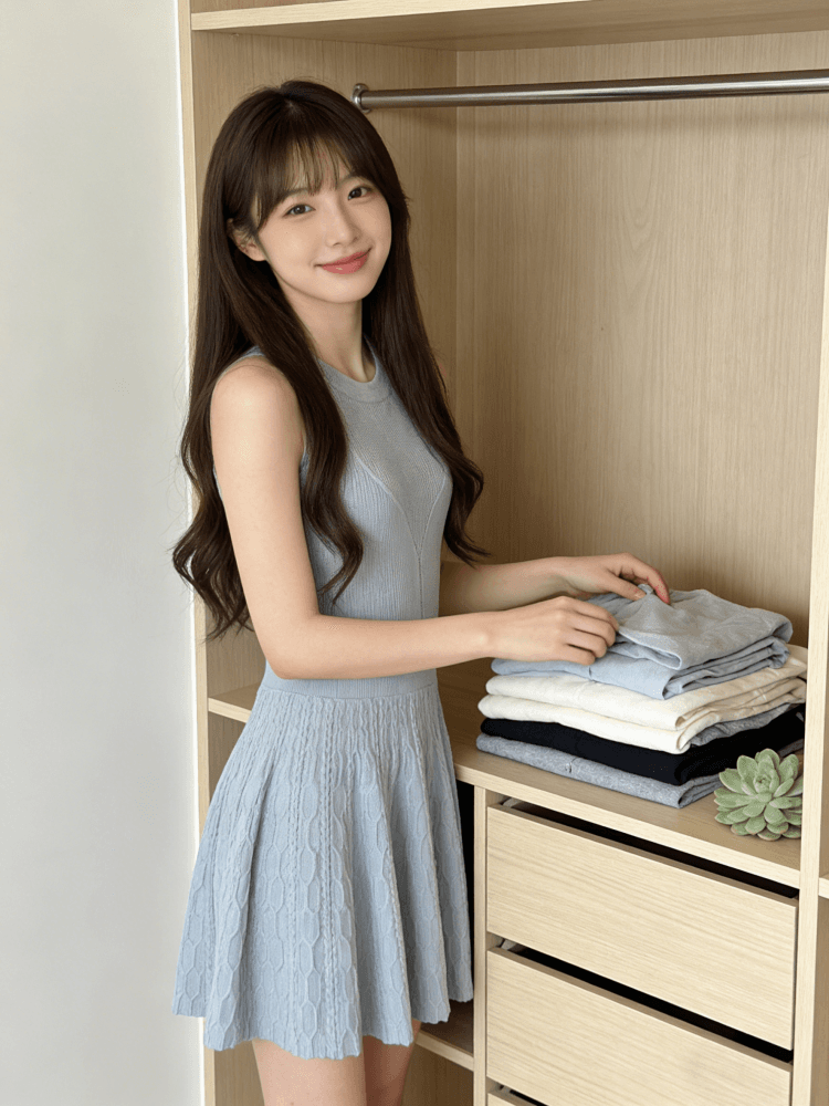 okmashop 순수한 흰색 사랑 행침 목 니트 여성 드레스 봄 여름 품격 고급 센스 몸매 가꾸기 허리 수축 치마 상세 이미지 13