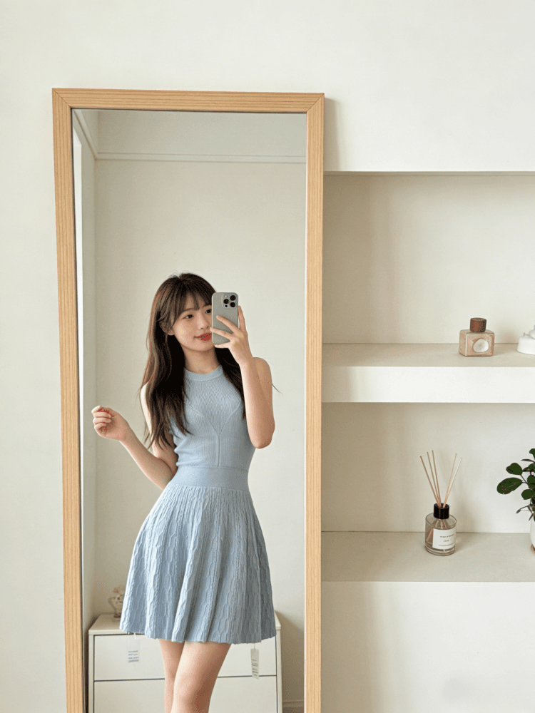okmashop 순수한 흰색 사랑 행침 목 니트 여성 드레스 봄 여름 품격 고급 센스 몸매 가꾸기 허리 수축 치마 상세 이미지 17