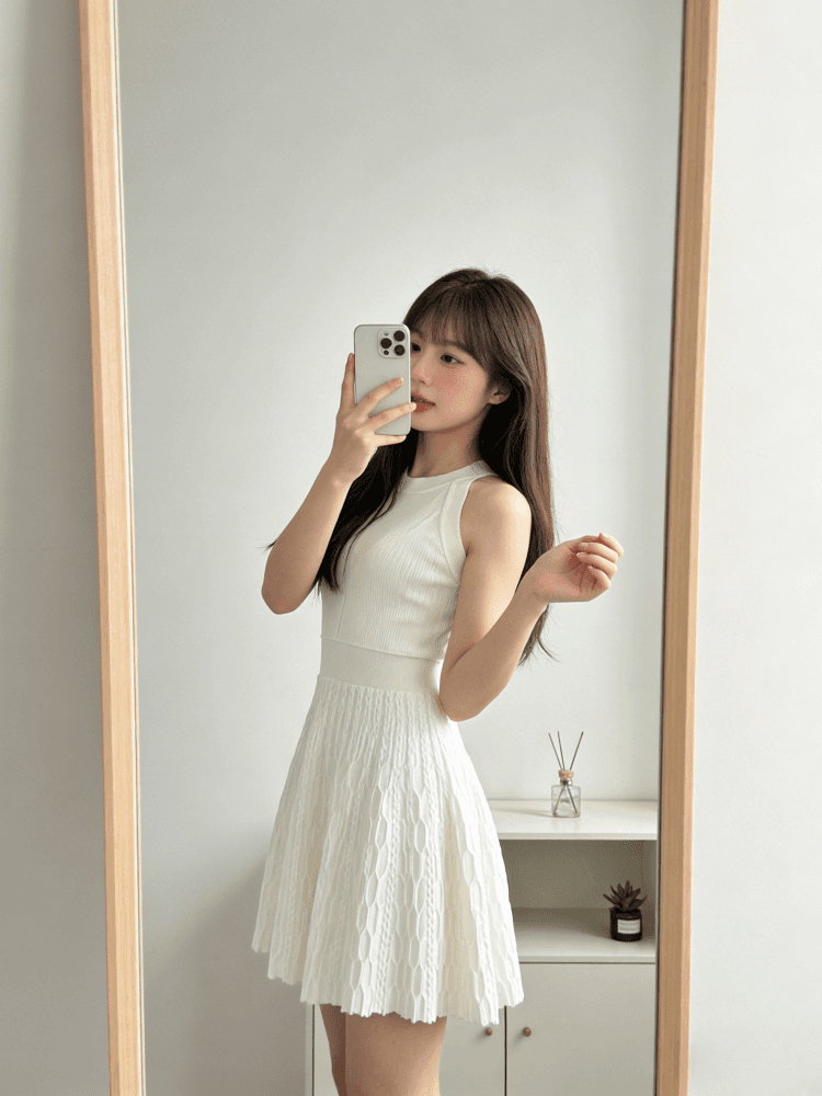 okmashop 순수한 흰색 사랑 행침 목 니트 여성 드레스 봄 여름 품격 고급 센스 몸매 가꾸기 허리 수축 치마 상세 이미지 22
