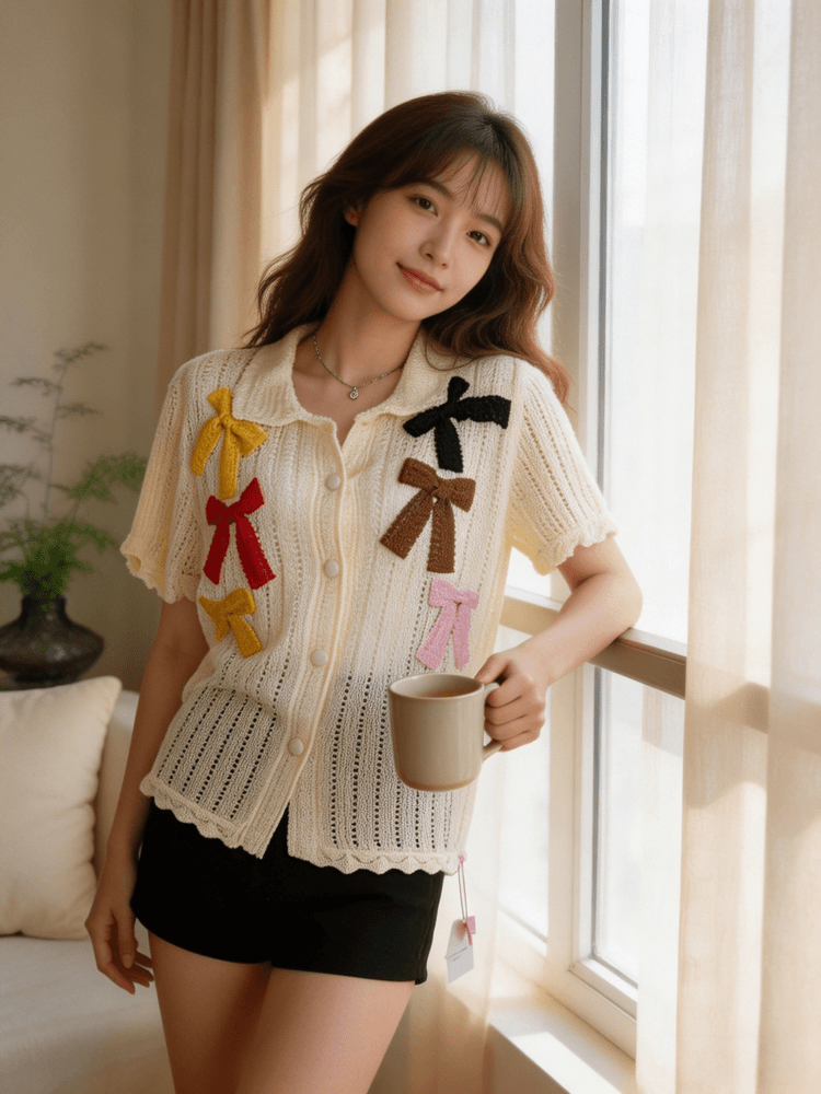 2026 여름 새로운 낙원 시리즈 손 확인 크로 셰 뜨개질 나비 매듭 털 오픈 가디건 상세 이미지 6
