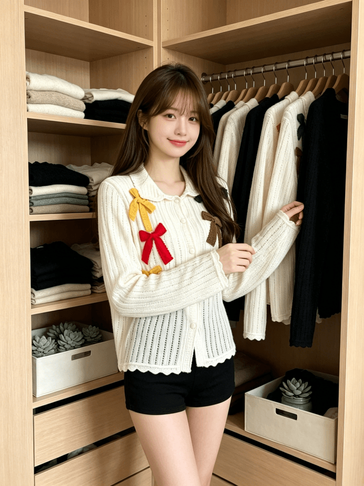 조수 브랜드 니트 우 홈 알파벳 색상 나비 매듭 긴팔 싱글 줄 버튼 오픈 가디건 홀로우 아웃 다용도 맨위 여름 새로운 상세 이미지 5