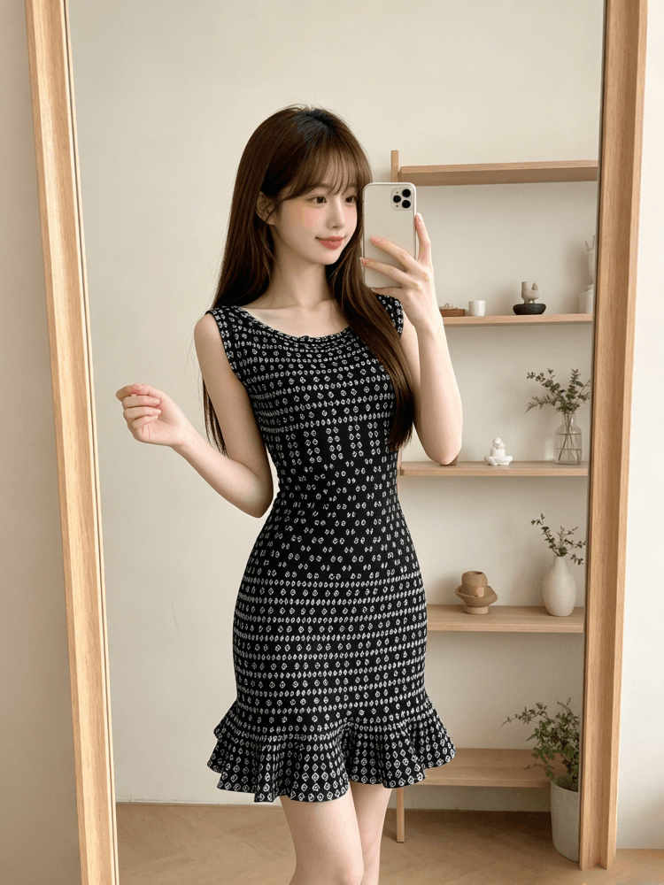 블랙 퍼스 깨진 란 프랑스식 레트로 타이트 스커트 품격 인어 꼬리 치마 도트 무늬 고급 센스 명문 여성 니트 자카드 드레스 상세 이미지 4