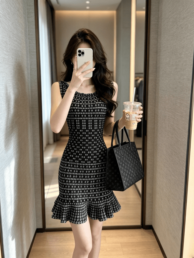 블랙 퍼스 깨진 란 프랑스식 레트로 타이트 스커트 품격 인어 꼬리 치마 도트 무늬 고급 센스 명문 여성 니트 자카드 드레스 상세 이미지 5