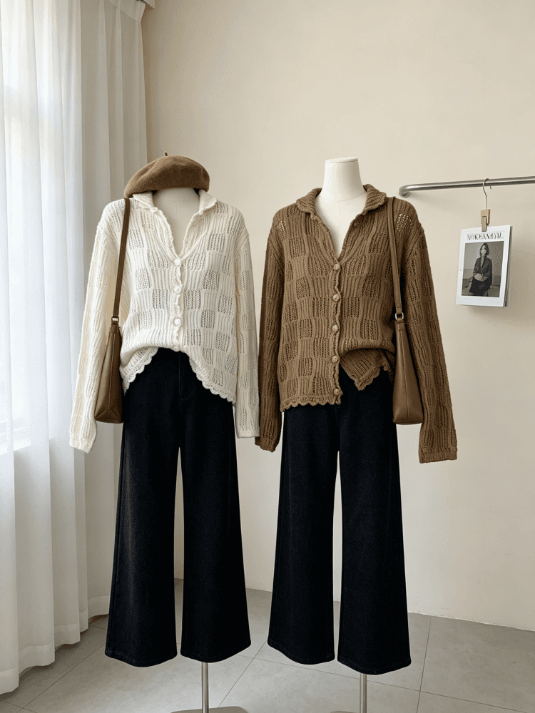 한 부서 부드러운 POLO 칼라 격자무늬 홀로우 아웃 니트 오픈 가디건 여성 이른 가을 물결무늬 레이스 밑단 얇은 스타일 스웨터 코트
