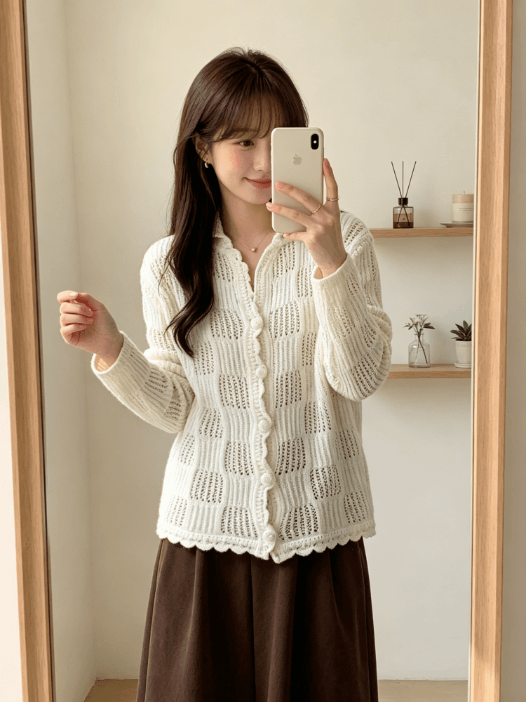 한 부서 부드러운 POLO 칼라 격자무늬 홀로우 아웃 니트 오픈 가디건 여성 이른 가을 물결무늬 레이스 밑단 얇은 스타일 스웨터 코트 이미지 3