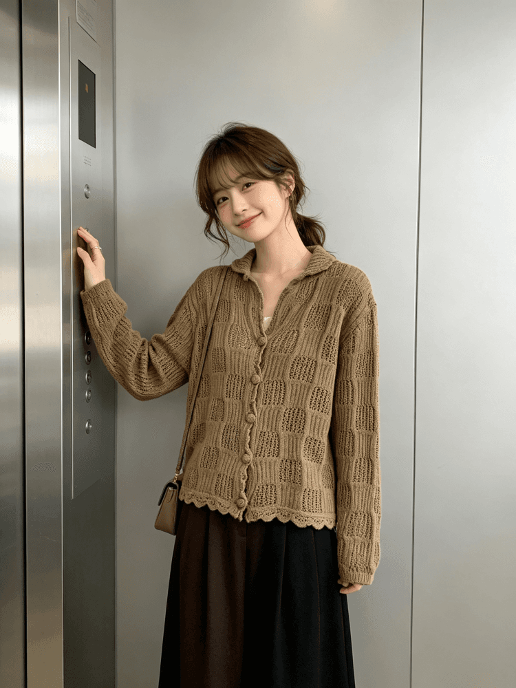 한 부서 부드러운 POLO 칼라 격자무늬 홀로우 아웃 니트 오픈 가디건 여성 이른 가을 물결무늬 레이스 밑단 얇은 스타일 스웨터 코트 이미지 2