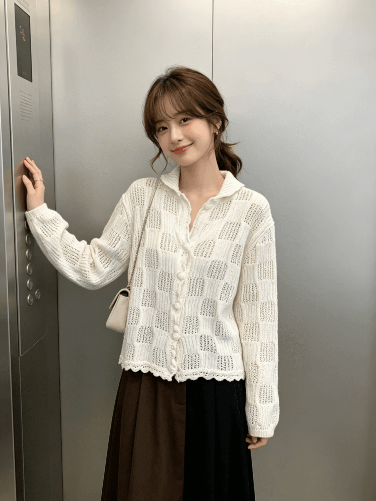 한 부서 부드러운 POLO 칼라 격자무늬 홀로우 아웃 니트 오픈 가디건 여성 이른 가을 물결무늬 레이스 밑단 얇은 스타일 스웨터 코트 상세 이미지 3