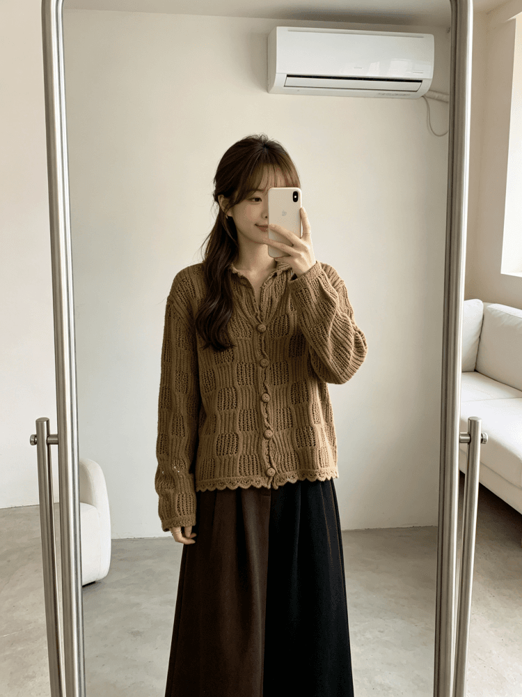 한 부서 부드러운 POLO 칼라 격자무늬 홀로우 아웃 니트 오픈 가디건 여성 이른 가을 물결무늬 레이스 밑단 얇은 스타일 스웨터 코트 상세 이미지 10