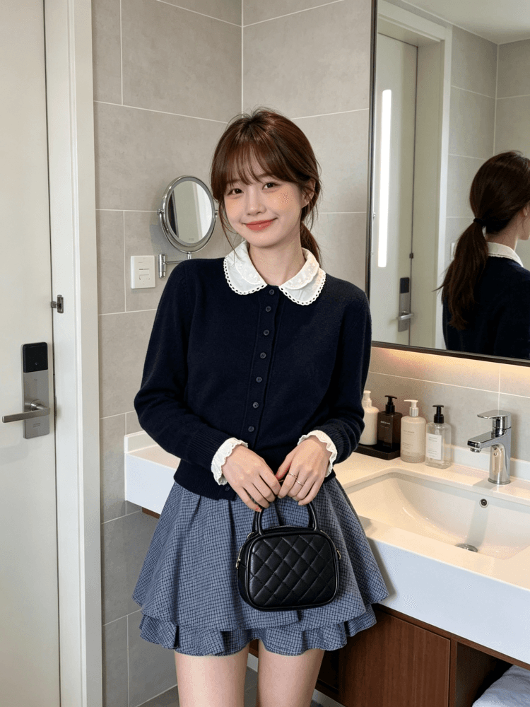 한 부서 부드러운 레이스 베이비 칼라 페이크 레이어드 니트 오픈 가디건 여성 이른 가을 패치워크 레이스 커프스 스웨터 코트 이미지 2