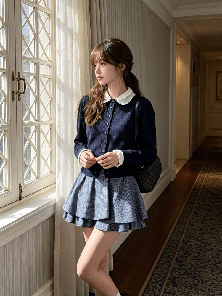 한 부서 부드러운 레이스 베이비 칼라 페이크 레이어드 니트 오픈 가디건 여성 이른 가을 패치워크 레이스 커프스 스웨터 코트 상세 이미지 5