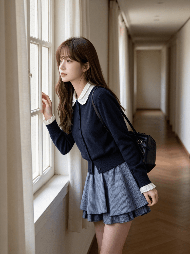 한 부서 부드러운 레이스 베이비 칼라 페이크 레이어드 니트 오픈 가디건 여성 이른 가을 패치워크 레이스 커프스 스웨터 코트 상세 이미지 7