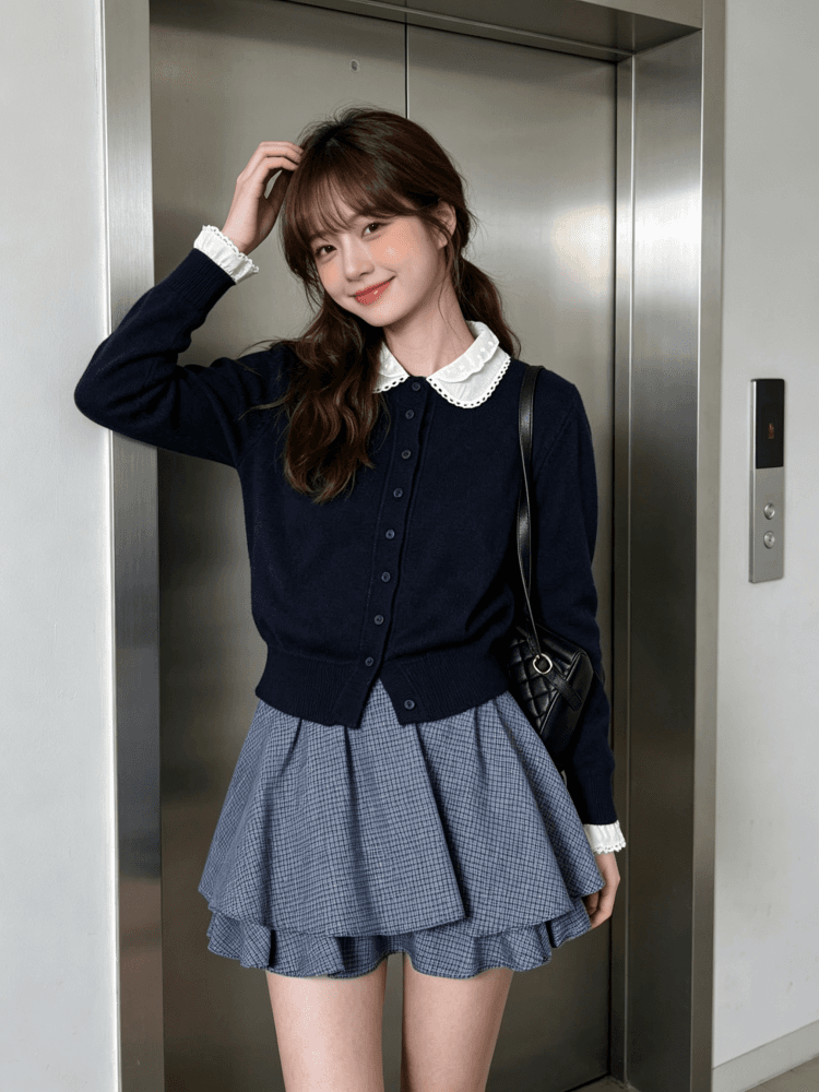 한 부서 부드러운 레이스 베이비 칼라 페이크 레이어드 니트 오픈 가디건 여성 이른 가을 패치워크 레이스 커프스 스웨터 코트 상세 이미지 14