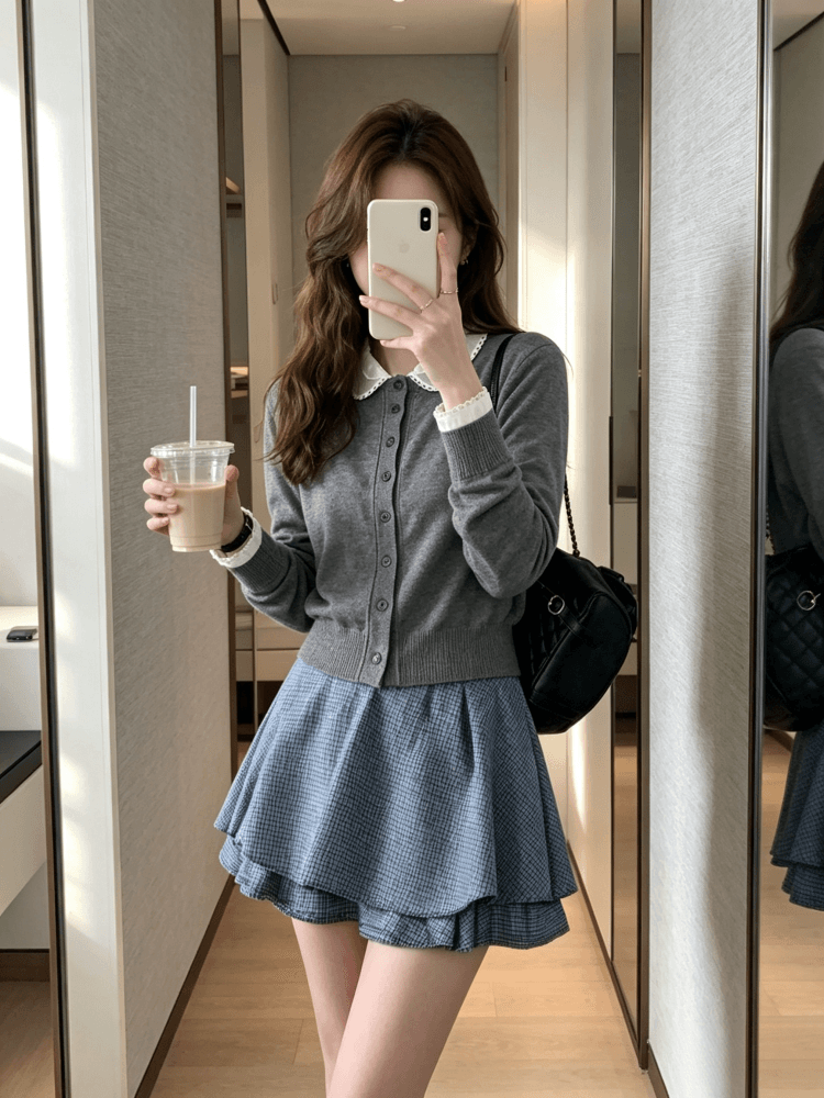 한 부서 부드러운 레이스 베이비 칼라 페이크 레이어드 니트 오픈 가디건 여성 이른 가을 패치워크 레이스 커프스 스웨터 코트 상세 이미지 19