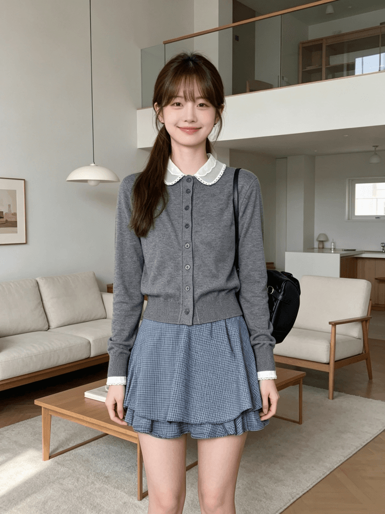 한 부서 부드러운 레이스 베이비 칼라 페이크 레이어드 니트 오픈 가디건 여성 이른 가을 패치워크 레이스 커프스 스웨터 코트 상세 이미지 21
