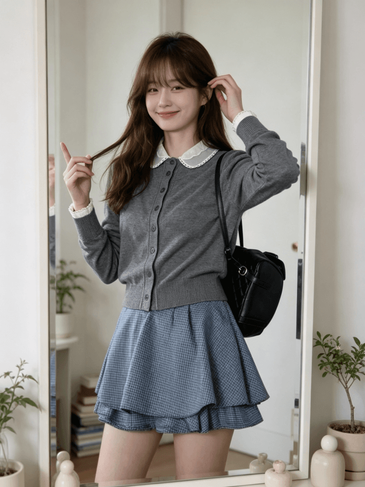 한 부서 부드러운 레이스 베이비 칼라 페이크 레이어드 니트 오픈 가디건 여성 이른 가을 패치워크 레이스 커프스 스웨터 코트 상세 이미지 25