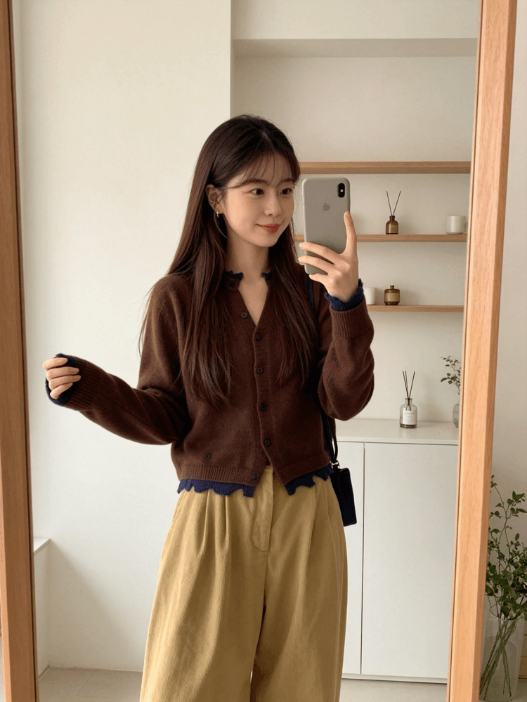 한 부서 레트로 녹색 명중 브라운 물결무늬 레이스 니트 오픈 가디건 여성 이른 가을 V넥 프릴 쇼트 스타일 부드러운 찹쌀 스웨터 상세 이미지 1