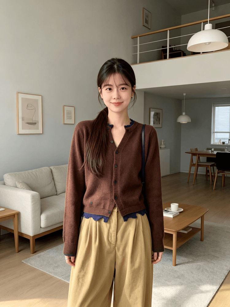 한 부서 레트로 녹색 명중 브라운 물결무늬 레이스 니트 오픈 가디건 여성 이른 가을 V넥 프릴 쇼트 스타일 부드러운 찹쌀 스웨터 상세 이미지 6