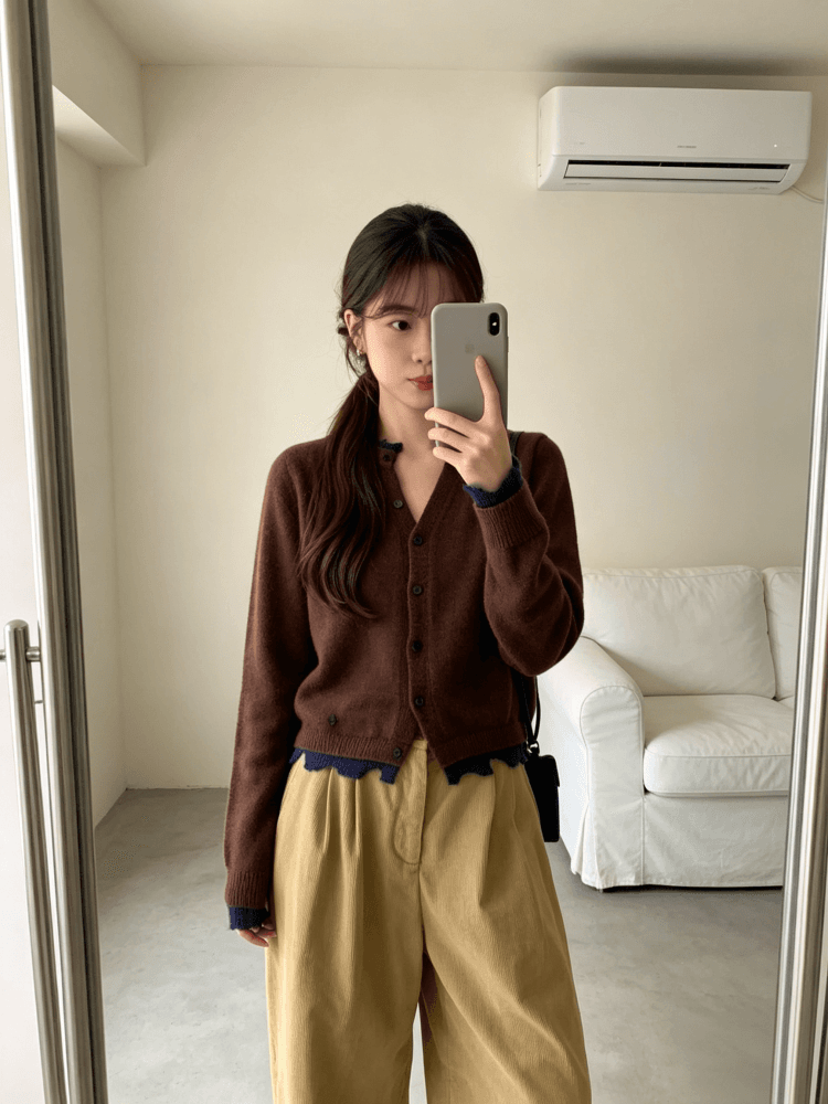 한 부서 레트로 녹색 명중 브라운 물결무늬 레이스 니트 오픈 가디건 여성 이른 가을 V넥 프릴 쇼트 스타일 부드러운 찹쌀 스웨터 상세 이미지 7