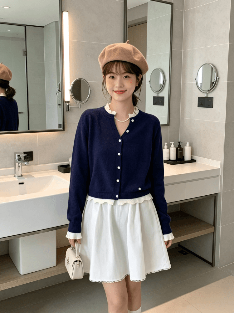 한 부서 레트로 녹색 명중 브라운 물결무늬 레이스 니트 오픈 가디건 여성 이른 가을 V넥 프릴 쇼트 스타일 부드러운 찹쌀 스웨터 상세 이미지 11
