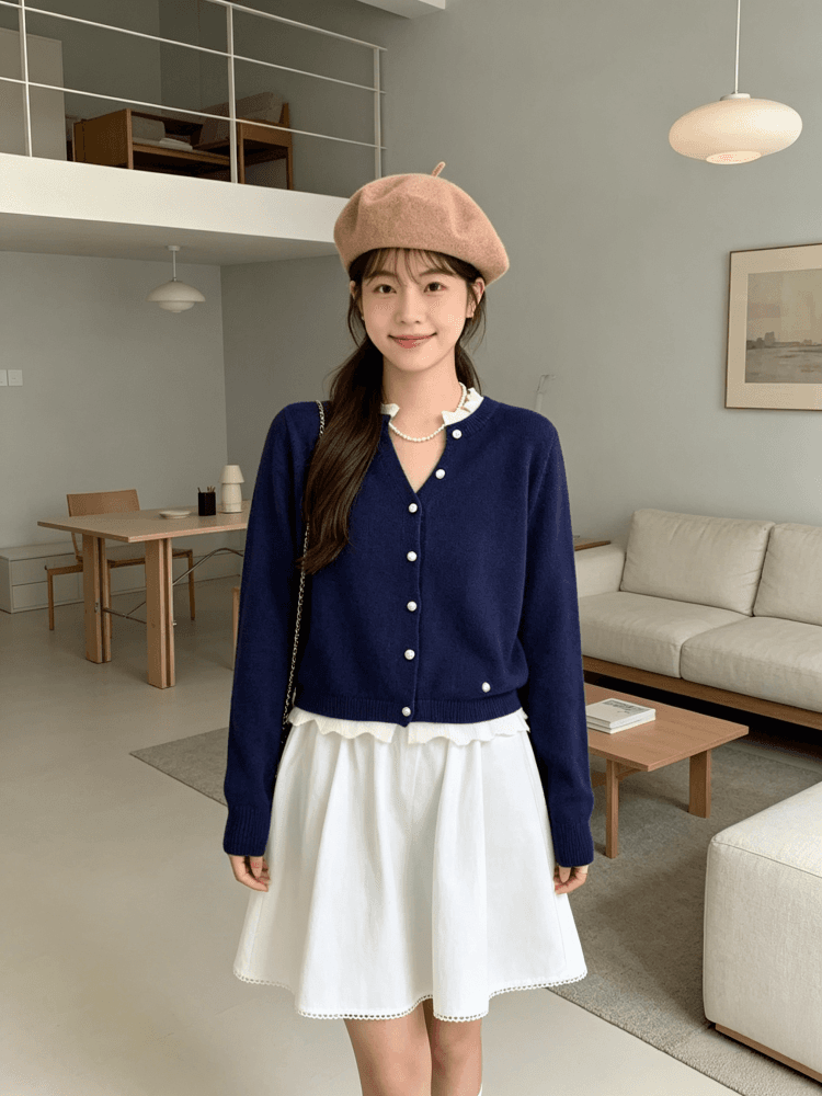 한 부서 레트로 녹색 명중 브라운 물결무늬 레이스 니트 오픈 가디건 여성 이른 가을 V넥 프릴 쇼트 스타일 부드러운 찹쌀 스웨터 상세 이미지 13