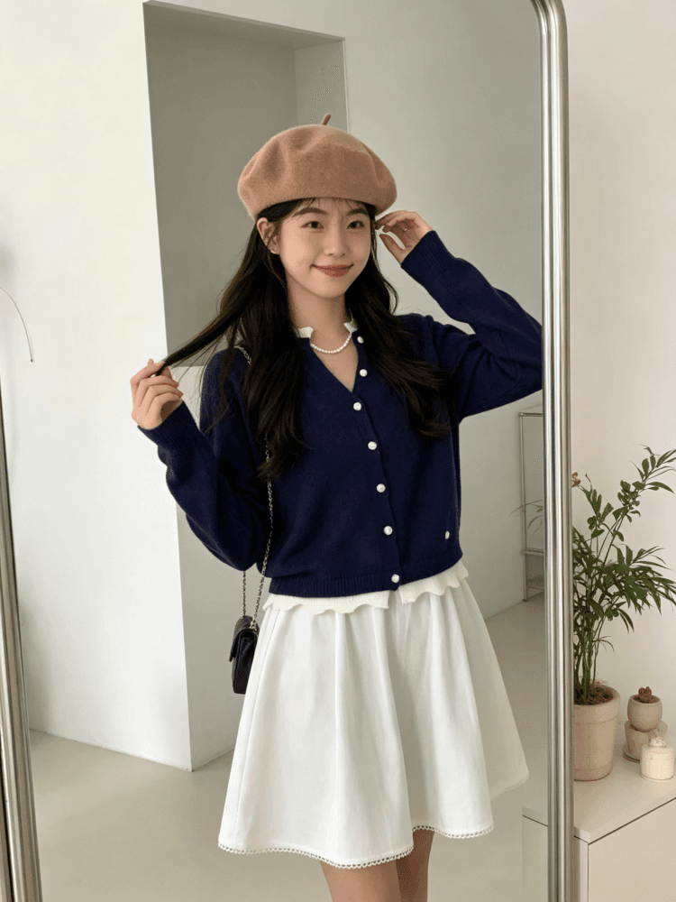 한 부서 레트로 녹색 명중 브라운 물결무늬 레이스 니트 오픈 가디건 여성 이른 가을 V넥 프릴 쇼트 스타일 부드러운 찹쌀 스웨터 상세 이미지 15