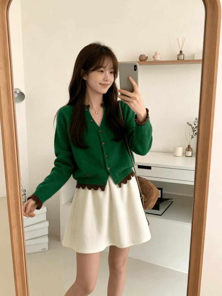 한 부서 레트로 녹색 명중 브라운 물결무늬 레이스 니트 오픈 가디건 여성 이른 가을 V넥 프릴 쇼트 스타일 부드러운 찹쌀 스웨터 상세 이미지 18