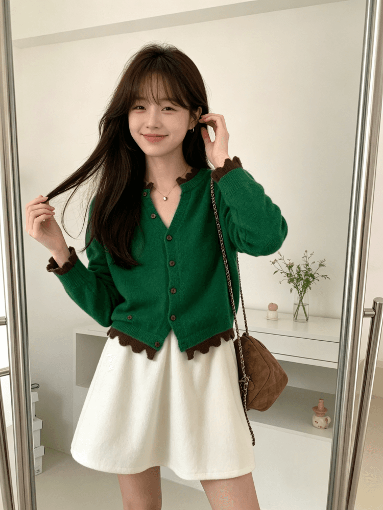 한 부서 레트로 녹색 명중 브라운 물결무늬 레이스 니트 오픈 가디건 여성 이른 가을 V넥 프릴 쇼트 스타일 부드러운 찹쌀 스웨터 상세 이미지 22