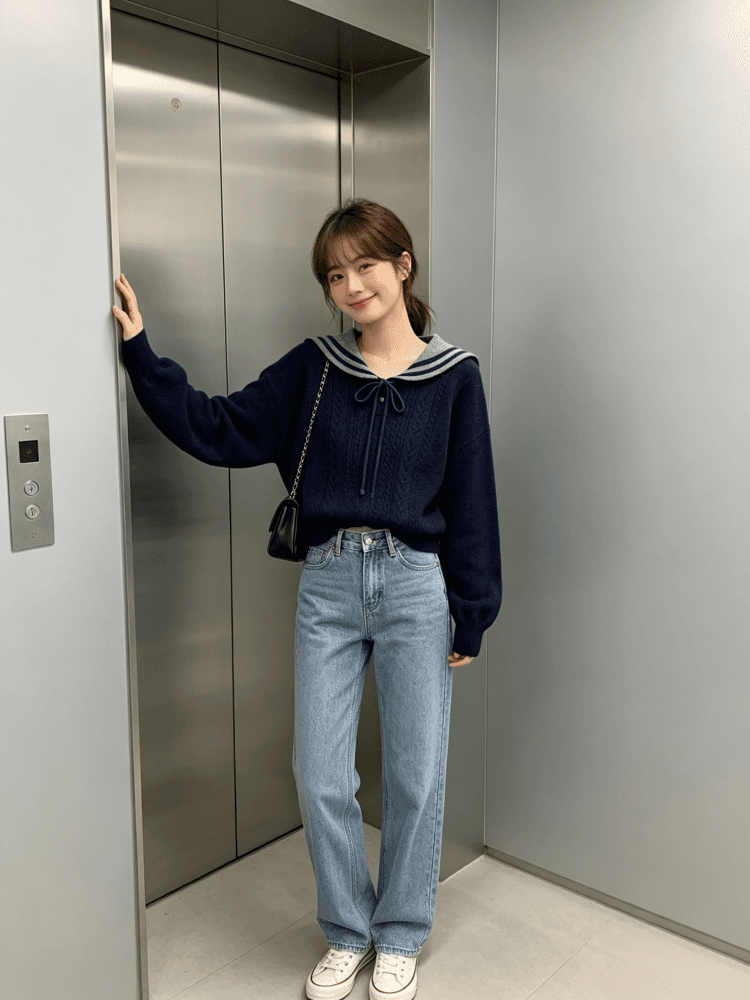 학원 스타일 명중 회색 스트라이프 해군 칼라 니트 스웨터 여자 레트로 꽈배기 홀로우 아웃 레이스업 선원 칼라 맨위 이미지 2