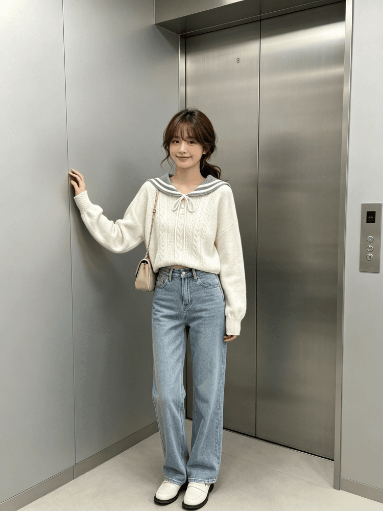 학원 스타일 명중 회색 스트라이프 해군 칼라 니트 스웨터 여자 레트로 꽈배기 홀로우 아웃 레이스업 선원 칼라 맨위 이미지 4