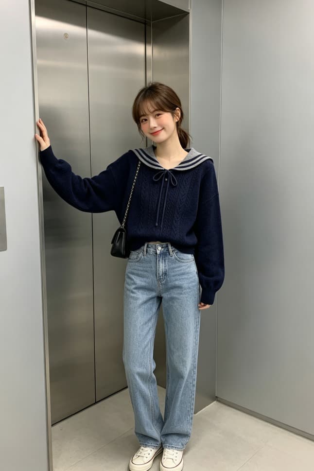학원 스타일 명중 회색 스트라이프 해군 칼라 니트 스웨터 여자 레트로 꽈배기 홀로우 아웃 레이스업 선원 칼라 맨위 이미지 6