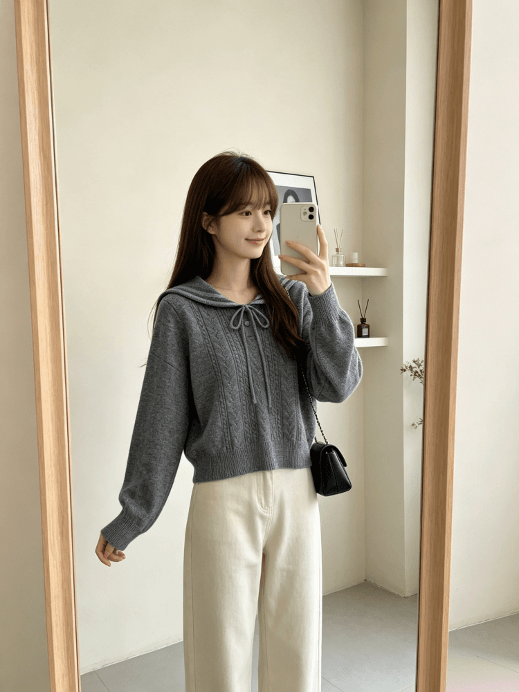 학원 스타일 명중 회색 스트라이프 해군 칼라 니트 스웨터 여자 레트로 꽈배기 홀로우 아웃 레이스업 선원 칼라 맨위 상세 이미지 7