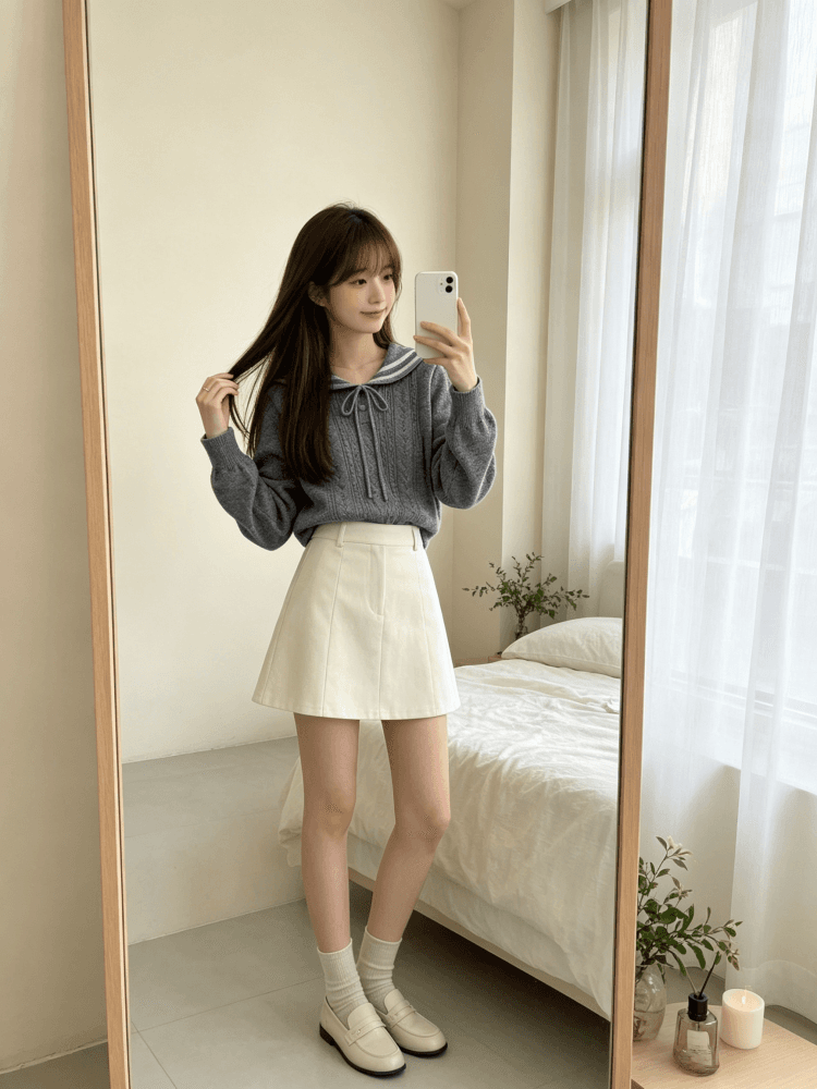 학원 스타일 명중 회색 스트라이프 해군 칼라 니트 스웨터 여자 레트로 꽈배기 홀로우 아웃 레이스업 선원 칼라 맨위 상세 이미지 11