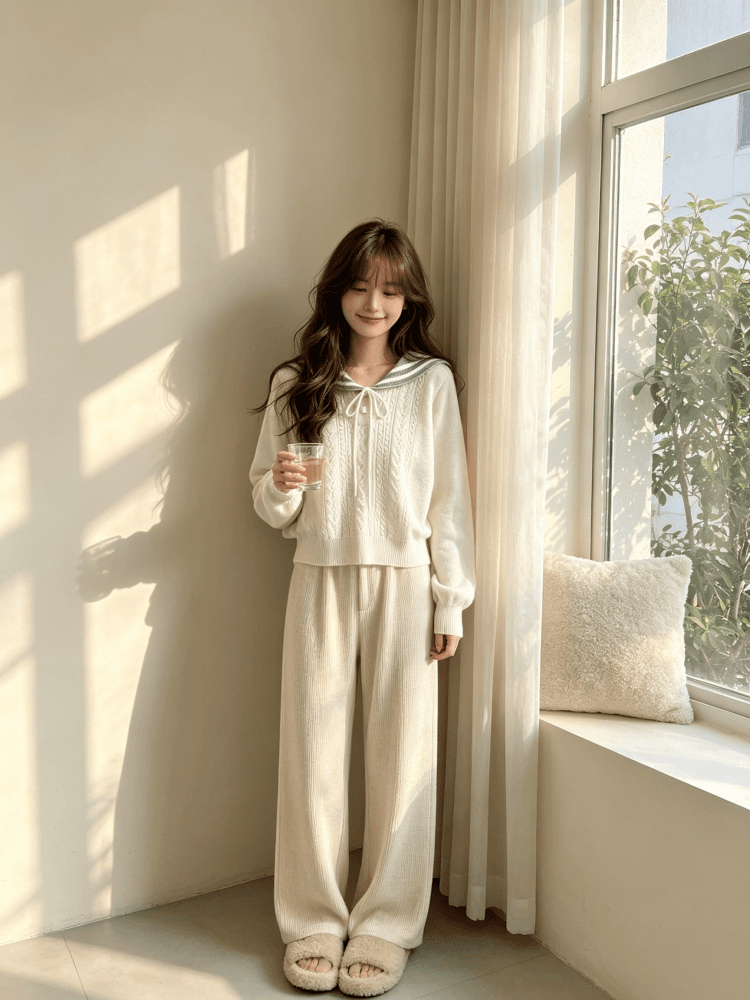 학원 스타일 명중 회색 스트라이프 해군 칼라 니트 스웨터 여자 레트로 꽈배기 홀로우 아웃 레이스업 선원 칼라 맨위 상세 이미지 15
