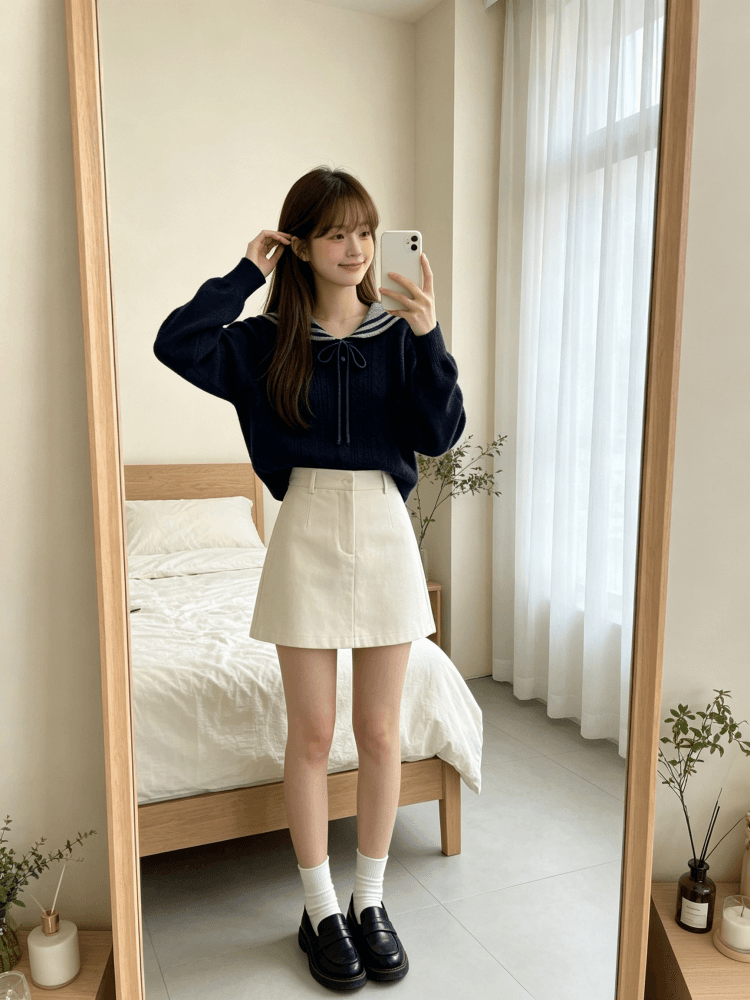 학원 스타일 명중 회색 스트라이프 해군 칼라 니트 스웨터 여자 레트로 꽈배기 홀로우 아웃 레이스업 선원 칼라 맨위 상세 이미지 19