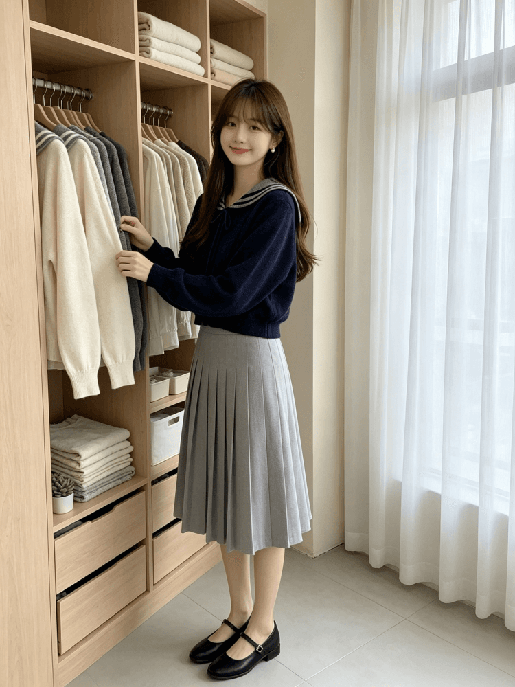 학원 스타일 명중 회색 스트라이프 해군 칼라 니트 스웨터 여자 레트로 꽈배기 홀로우 아웃 레이스업 선원 칼라 맨위 상세 이미지 20