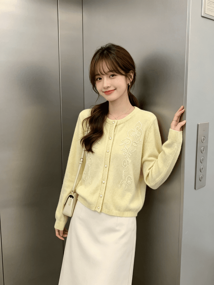 한 부서 부드러운 꽃 자수 니트 오픈 가디건 여성 이른 가을 라운드 넥 진주 버클 부드러운 찹쌀 긴팔 스웨터 코트 이미지 2