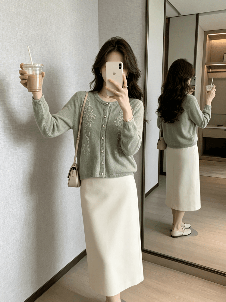 한 부서 부드러운 꽃 자수 니트 오픈 가디건 여성 이른 가을 라운드 넥 진주 버클 부드러운 찹쌀 긴팔 스웨터 코트 이미지 4