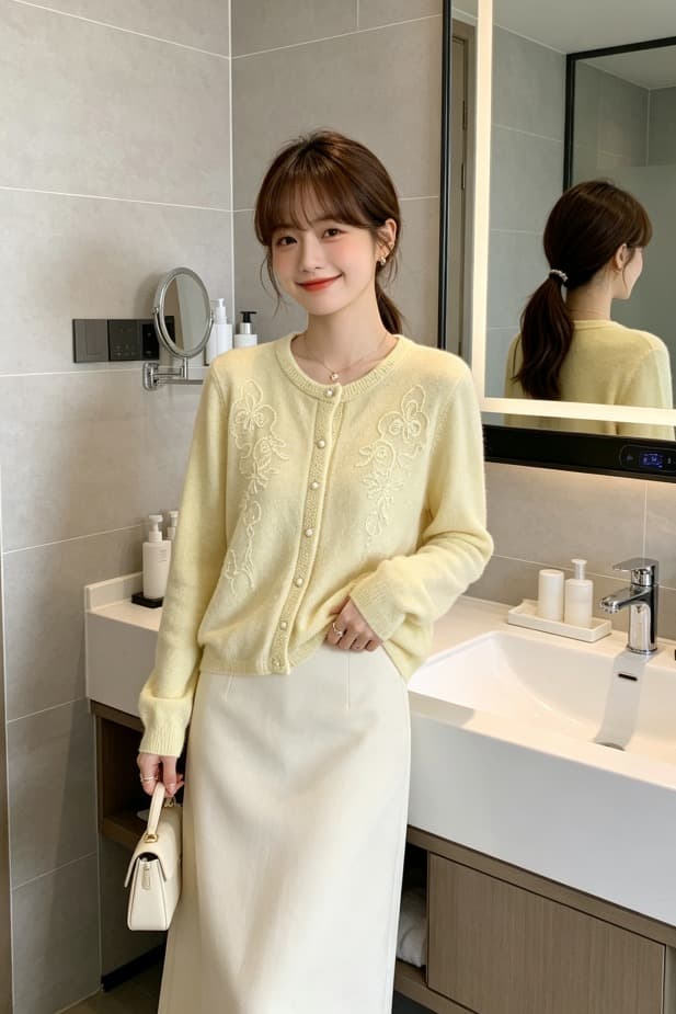 한 부서 부드러운 꽃 자수 니트 오픈 가디건 여성 이른 가을 라운드 넥 진주 버클 부드러운 찹쌀 긴팔 스웨터 코트 이미지 6