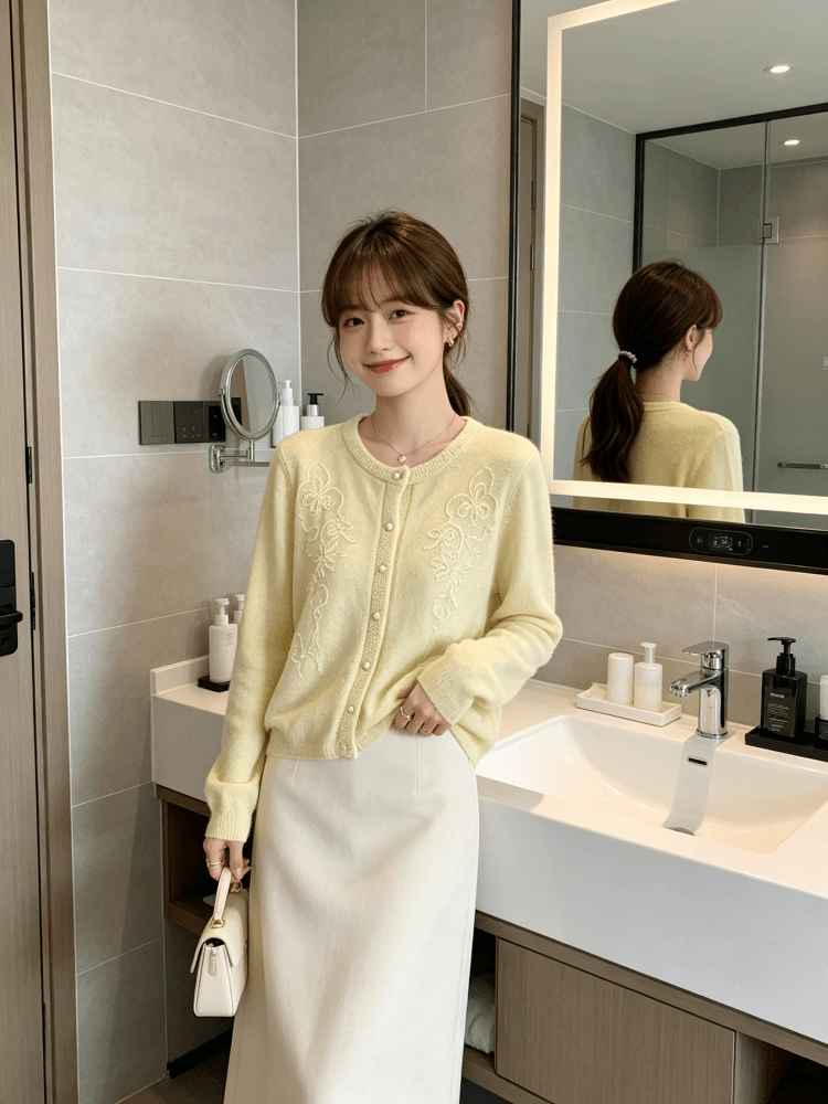 한 부서 부드러운 꽃 자수 니트 오픈 가디건 여성 이른 가을 라운드 넥 진주 버클 부드러운 찹쌀 긴팔 스웨터 코트 상세 이미지 9
