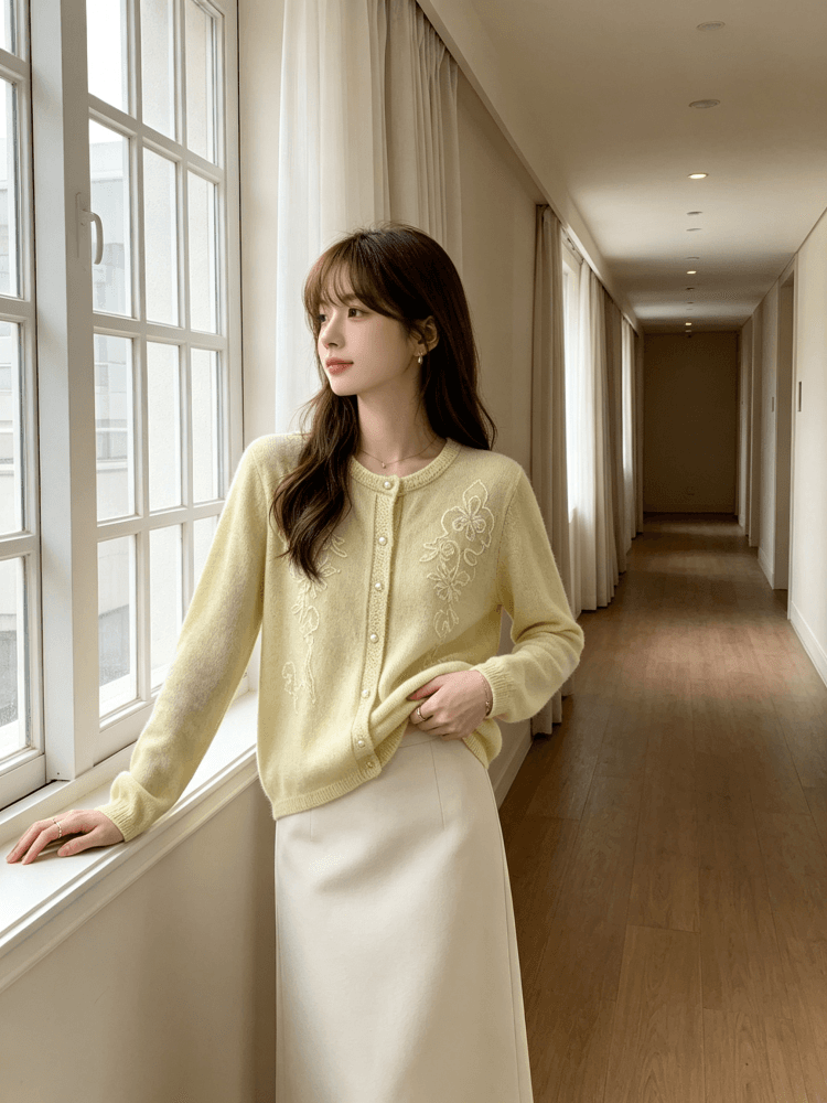 한 부서 부드러운 꽃 자수 니트 오픈 가디건 여성 이른 가을 라운드 넥 진주 버클 부드러운 찹쌀 긴팔 스웨터 코트 상세 이미지 10