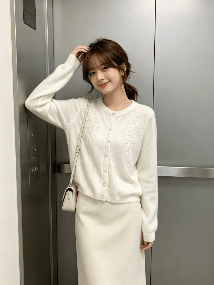 한 부서 부드러운 꽃 자수 니트 오픈 가디건 여성 이른 가을 라운드 넥 진주 버클 부드러운 찹쌀 긴팔 스웨터 코트 상세 이미지 14