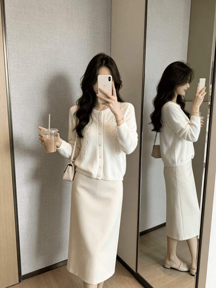 한 부서 부드러운 꽃 자수 니트 오픈 가디건 여성 이른 가을 라운드 넥 진주 버클 부드러운 찹쌀 긴팔 스웨터 코트 상세 이미지 15