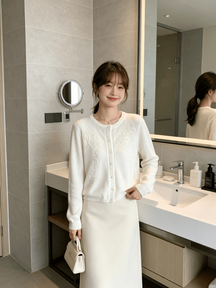 한 부서 부드러운 꽃 자수 니트 오픈 가디건 여성 이른 가을 라운드 넥 진주 버클 부드러운 찹쌀 긴팔 스웨터 코트 상세 이미지 16