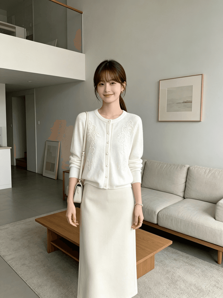 한 부서 부드러운 꽃 자수 니트 오픈 가디건 여성 이른 가을 라운드 넥 진주 버클 부드러운 찹쌀 긴팔 스웨터 코트 상세 이미지 17