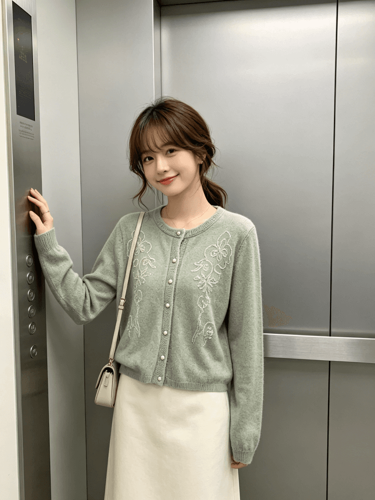 한 부서 부드러운 꽃 자수 니트 오픈 가디건 여성 이른 가을 라운드 넥 진주 버클 부드러운 찹쌀 긴팔 스웨터 코트 상세 이미지 18