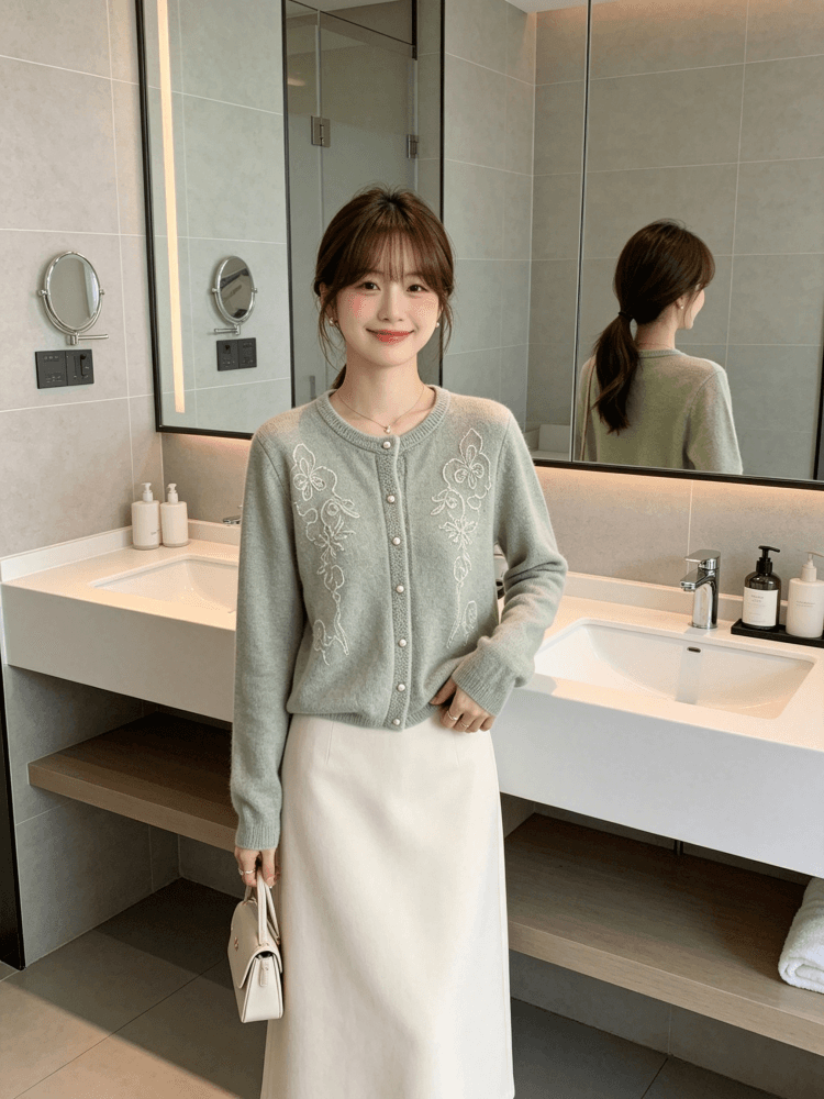 한 부서 부드러운 꽃 자수 니트 오픈 가디건 여성 이른 가을 라운드 넥 진주 버클 부드러운 찹쌀 긴팔 스웨터 코트 상세 이미지 21