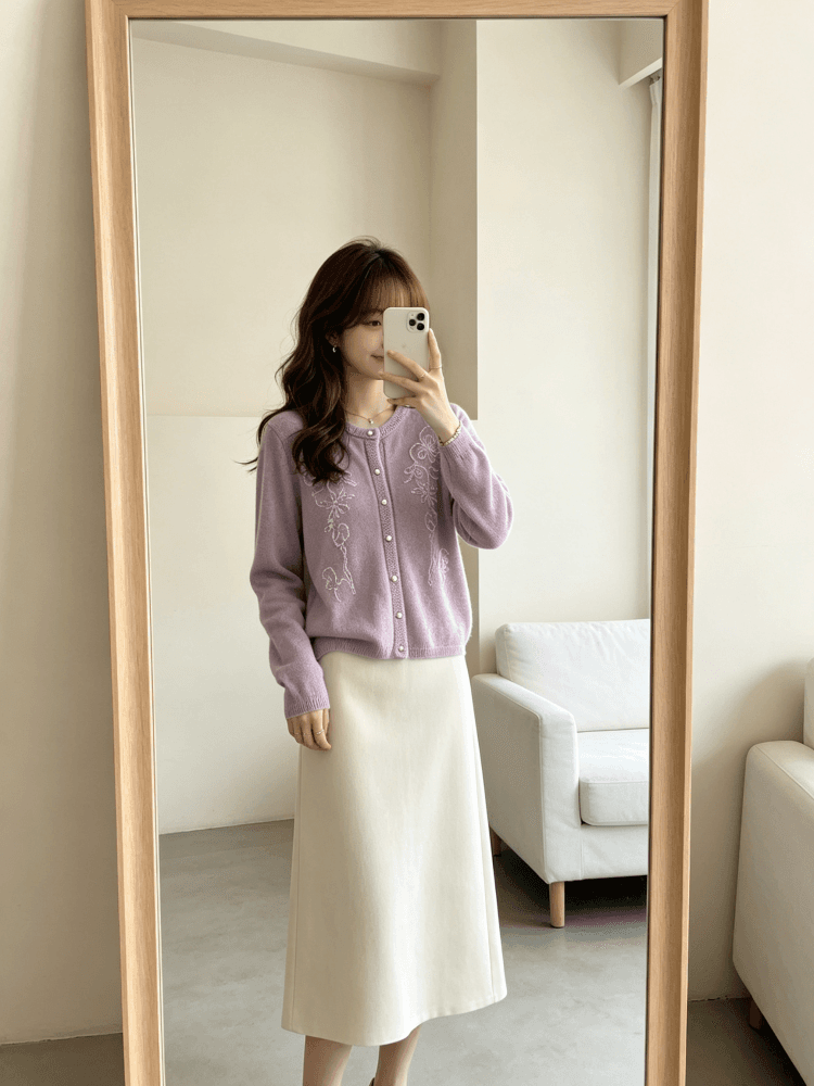 한 부서 부드러운 꽃 자수 니트 오픈 가디건 여성 이른 가을 라운드 넥 진주 버클 부드러운 찹쌀 긴팔 스웨터 코트 상세 이미지 24
