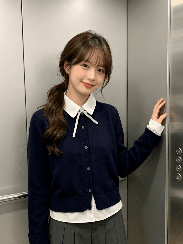 한 부서 학원 스타일 나비 매듭 셔츠 칼라 페이크 레이어드 니트 오픈 가디건 여성 짧은 패치워크 폴로 칼라 스웨터 맨위 이미지 3